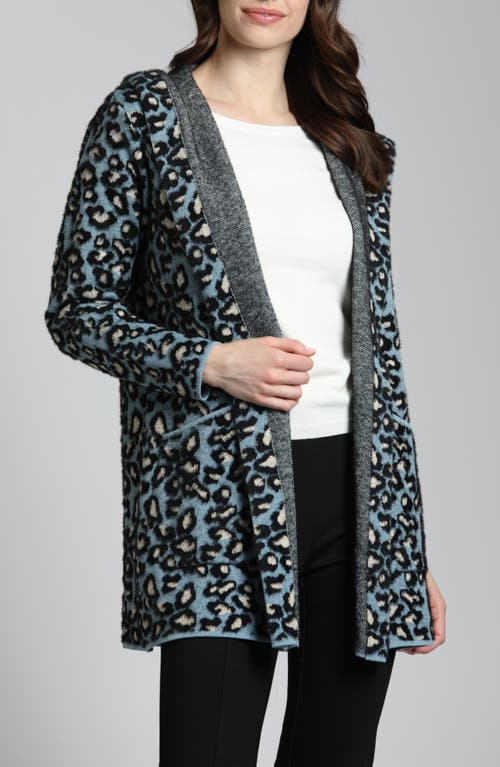 Apny Leopard Print Hooded Open Front Sweater Coat In Blue Multi