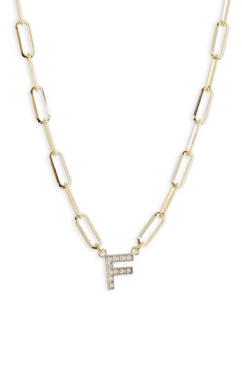 Meshmerise Diamond Initial Charm Paper Clip Chain Necklace In Yellow-f