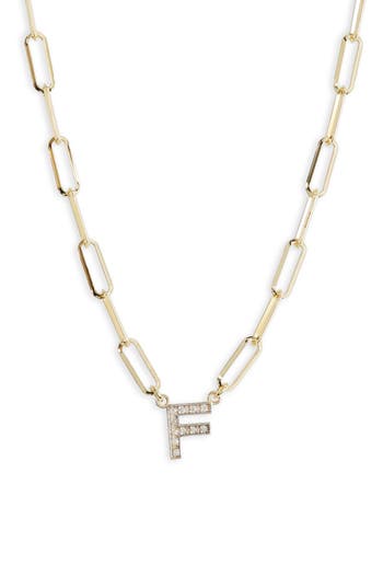 Meshmerise Diamond Initial Charm Paper Clip Chain Necklace In Gold