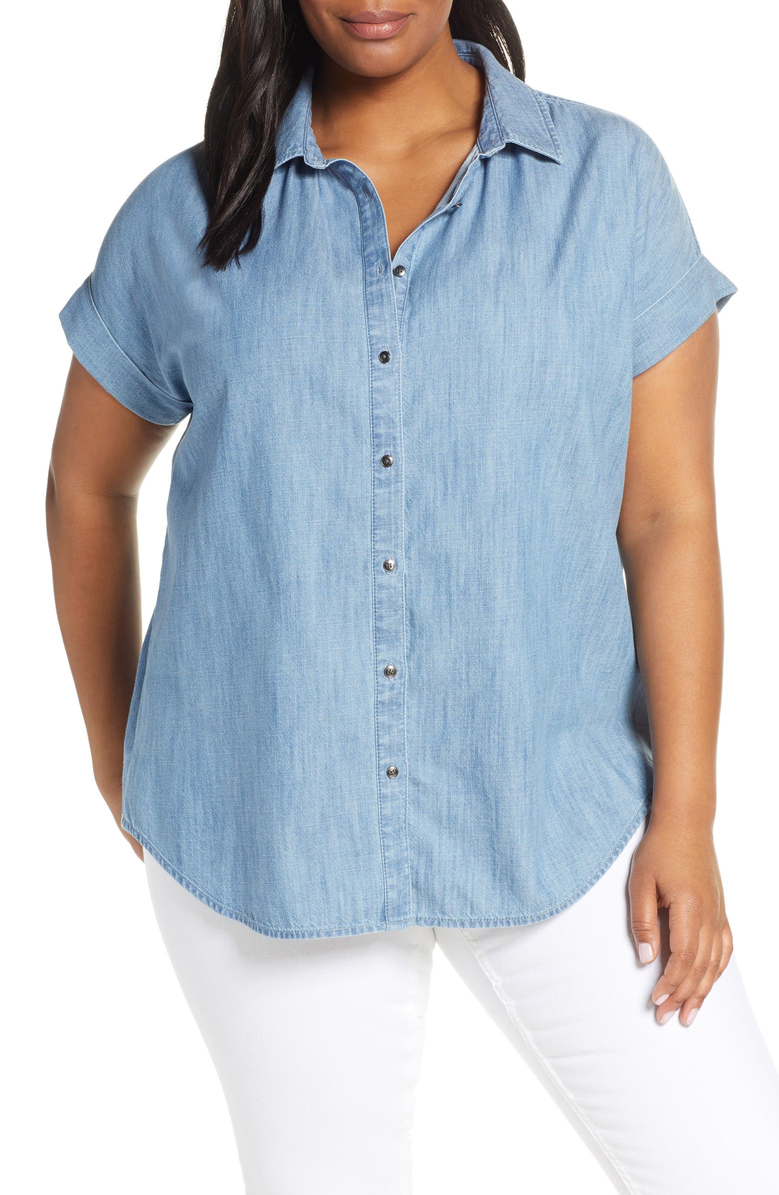 Caslon® Chambray Camp Shirt (Plus Size) | Nordstrom