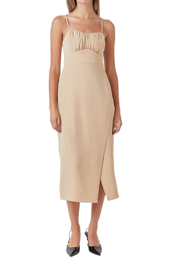 Shop Endless Rose Ruched Bust Midi Dress In Khaki