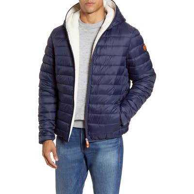 Save The Duck Water Resistant Faux Shearling Lined Puffer Jacket, Blue