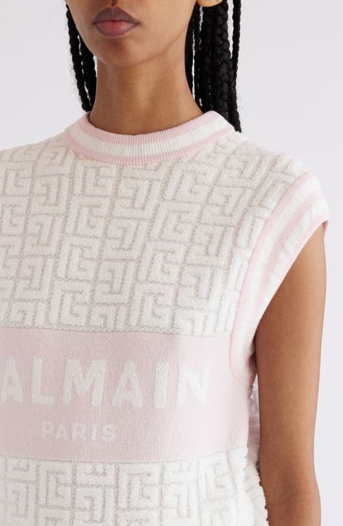 Shop Balmain Monogram Sponge Knit Sleeveless Sweater In Gso White/pale Pink