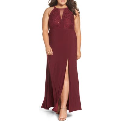 Plus Size Morgan & Co. Illusion Sparkle Lace & Knit Gown, Red