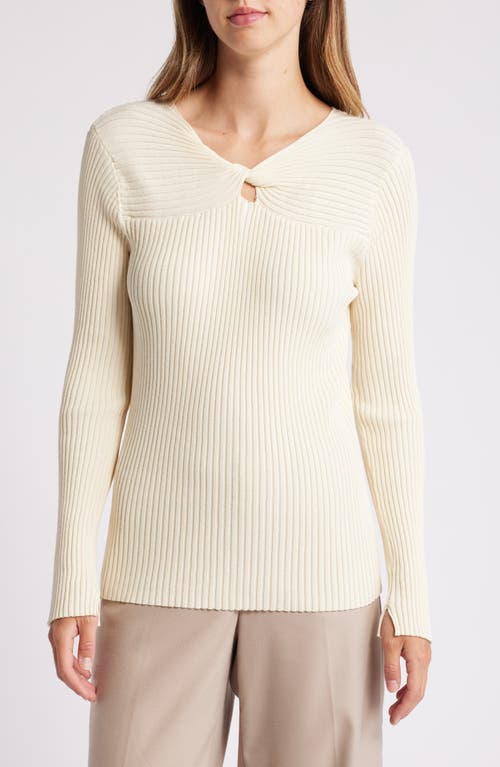 Tahari Asl Twist Neck Cutout Rib Sweater In Vanilla