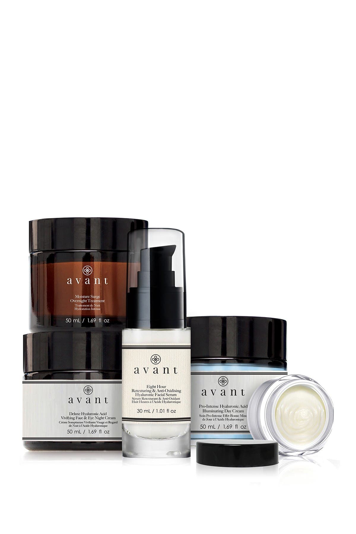 Avant 5 Piece Step System Vivifying Face Eye Night Cream Hyaluronic Acid Illuminating Day Cream Hyaluronic Acid Molecular Boost Eye Cream 8 Hour Anti Oxidising Retexturing Hyaluronic Facial