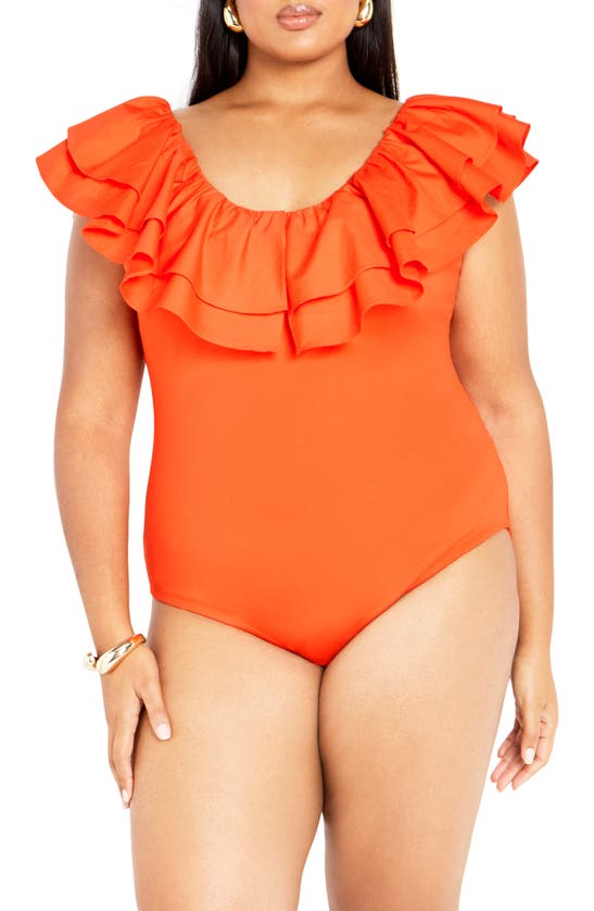 Shop City Chic Ruffle Bodysuit In Tangerine Tango