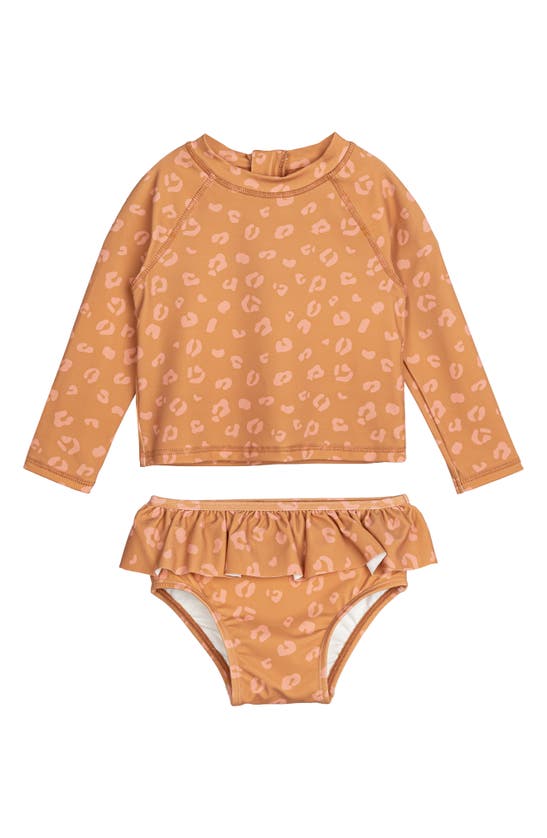 Miles The Label Babies' Animal Print Long Sleeve Two-piece Rashguard Swimsuit In Camel