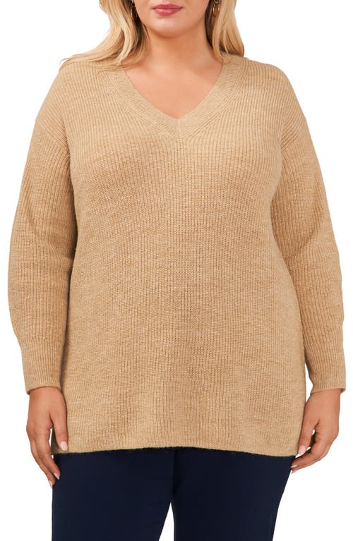 halogen(r) Sparkle Side Slit V-Neck Sweater in Flax Brown
