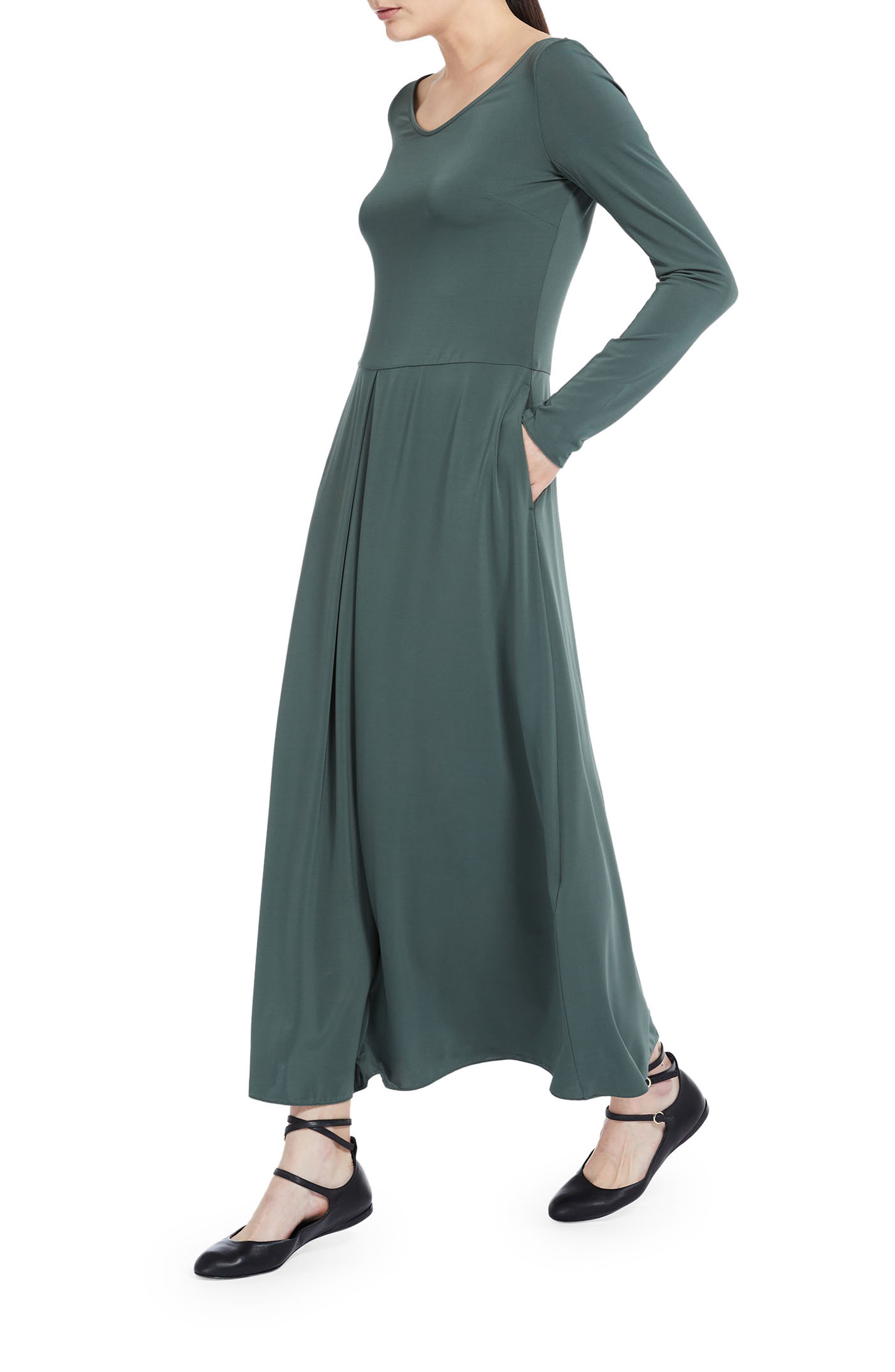 Max Mara Leisure Valido Long Sleeve Crepe Jersey A-Line Dress in Dark Green  | Smart Closet