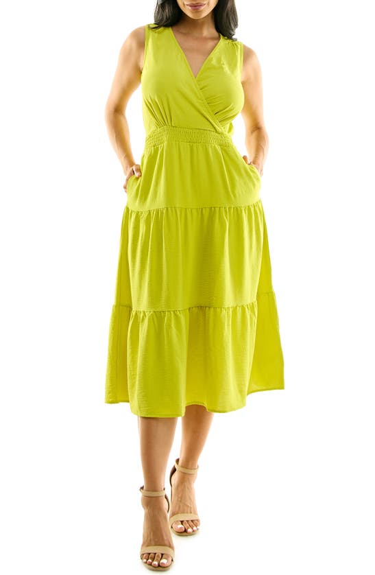 Nina Leonard Tiered Midi Dress In Chartreuse