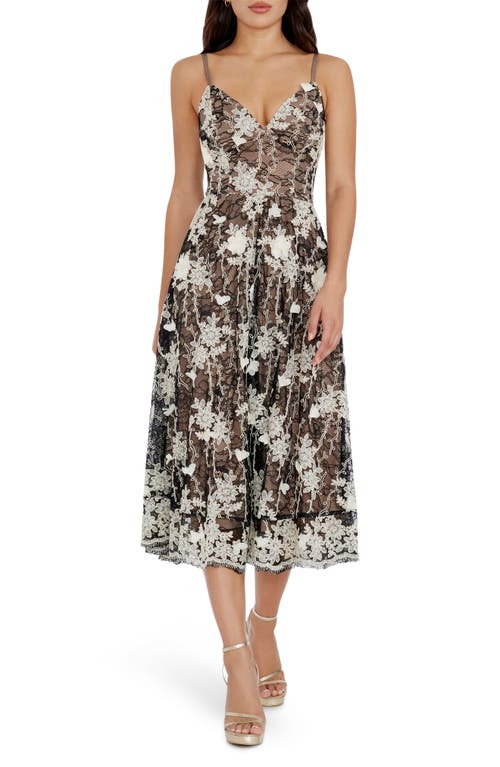 Dress the Population Tahani Embroidered Lace Cocktail Midi Black-White at Nordstrom,