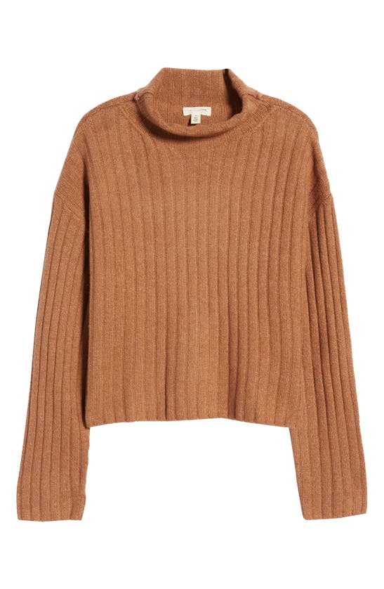 Open Edit Cotton Blend Rib Turtleneck Sweater In Brown Toffee