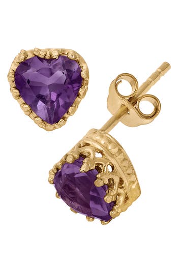 Fzn 14k Gold Plate Sterling Silver Heart Gemstone Stud Earrings In Amethyst-yellow