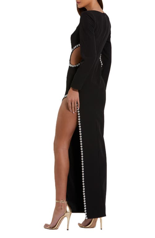 Mac Duggal Crepe Long Sleeve Gown With Beaded Cut Outs In Black