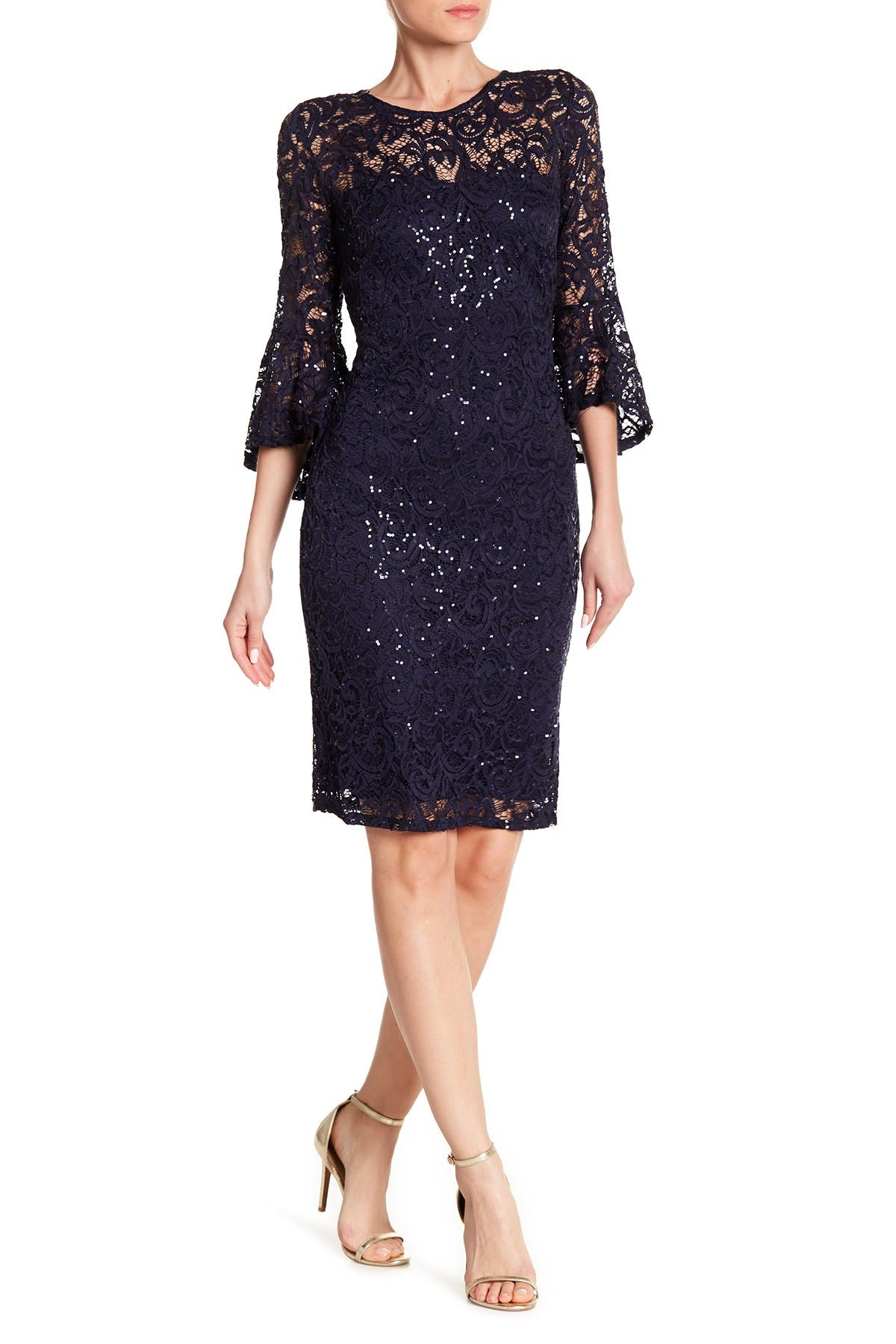 lace bell sleeve sheath dress