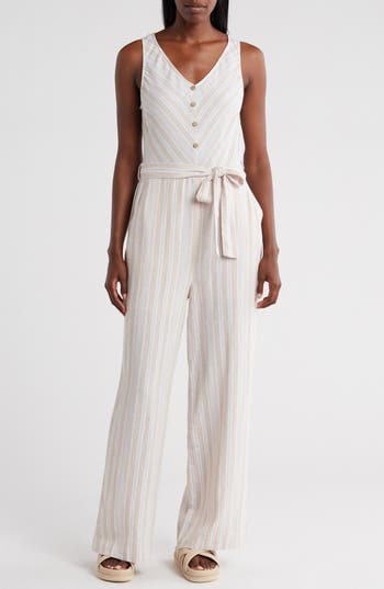 Shop Ellen Tracy V-neck Sleeveless Jumpsuit In Linen/white Stripe