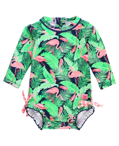 Rufflebutts Toddler Girls Long Sleeve Upf50+ One Piece Rash Guard In Flamingo Frenzy