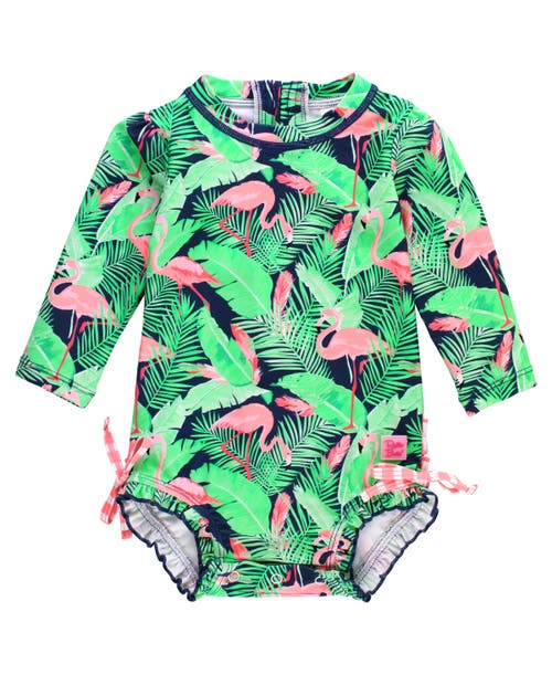 RuffleButts Baby Girls Long Sleeve UPF50+ One Piece Rash Guard in Flamingo Frenzy 