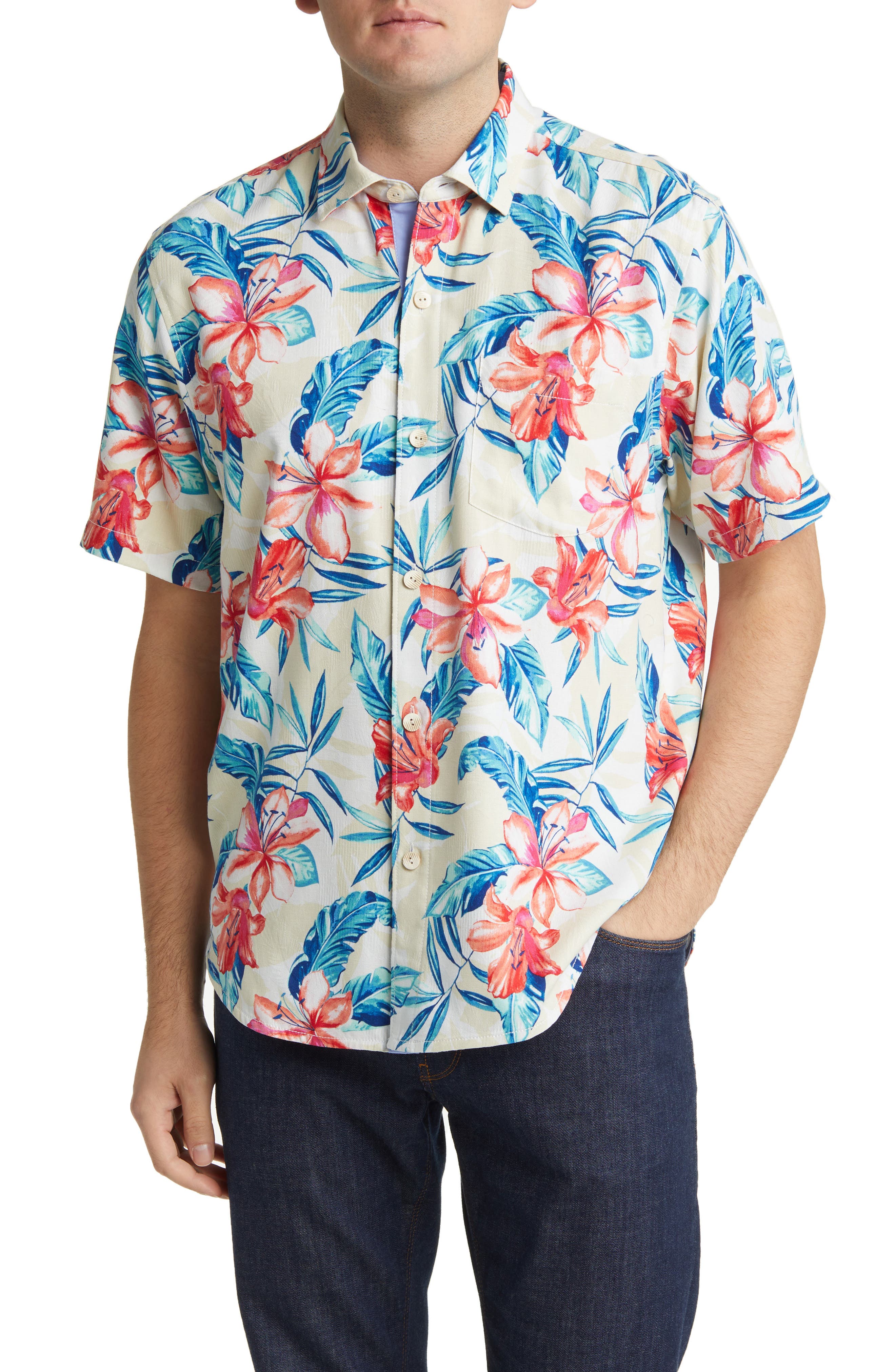 Tommy Bahama Shirt Mens Medium Teal Silk Short Sleeve Floral