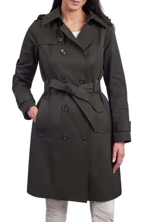 Belted Water Repellent Trench Coat with Removable Hood in Olive