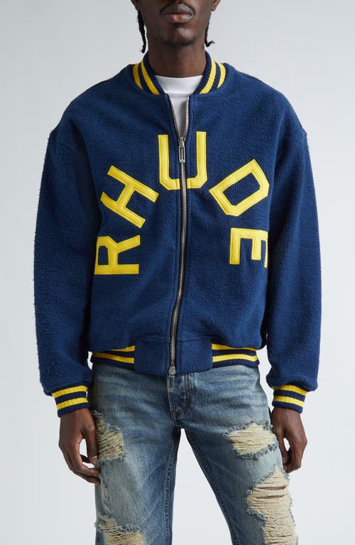 Rhude Oversize Logo Cotton Terry Varsity Jacket Navy/Yellow at Nordstrom,