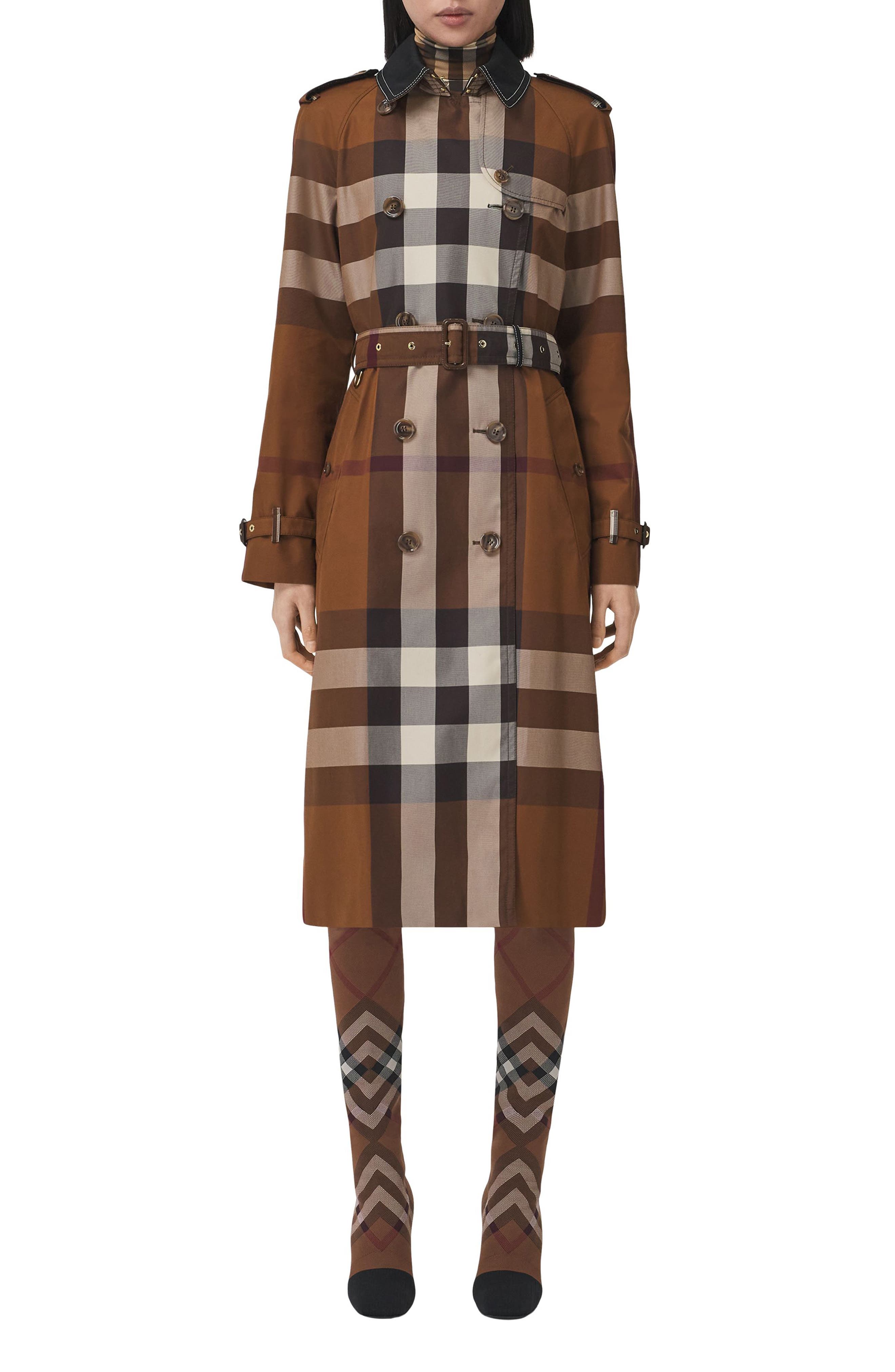 Burberry Check Waterloo Fit Double Breasted Trench Coat in Dark Birch Brown Chk