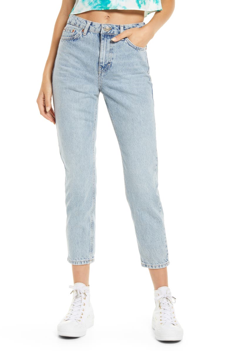 TOPSHOP Bleached Mom Jeans, Main, color, MID BLUE