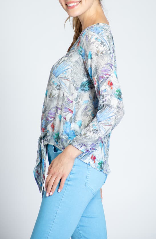 Apny Print V-neck Tie Front Chiffon Top In Grey Multi