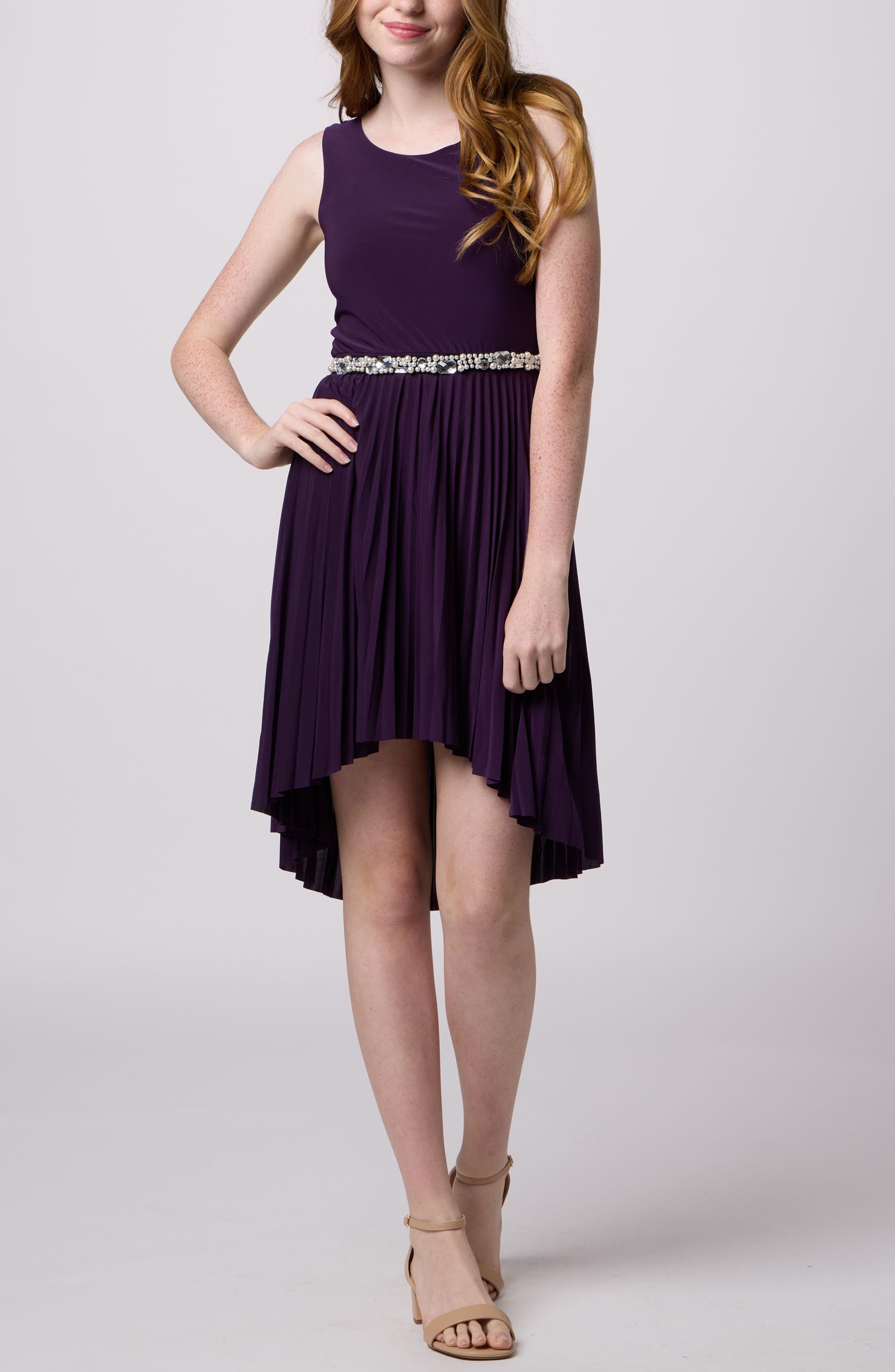 Un Deux Trois Kids' Pleated High-Low Party Dress in Plum 