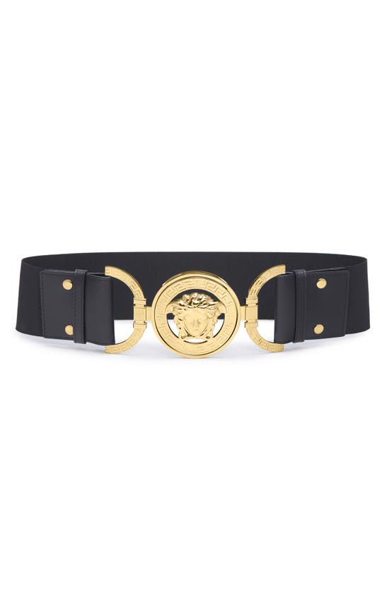 Versace La Medusa Wide Elastic Belt In Black- Gold