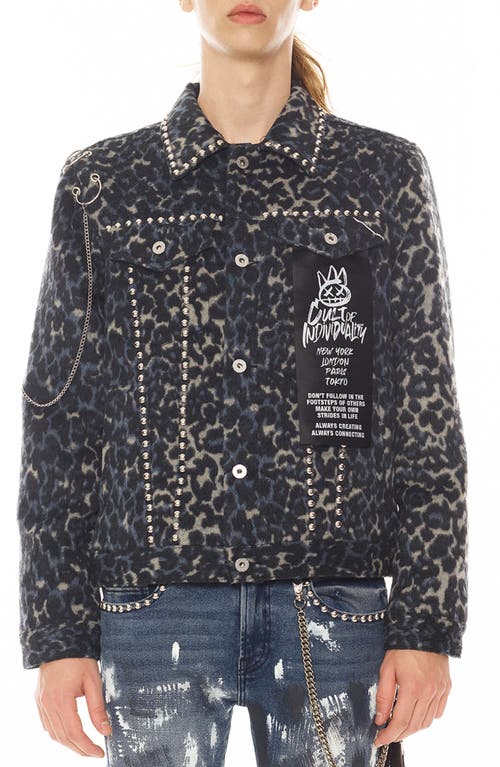 Cult of Individuality Type II Studded Leopard Print Fleece Trucker Jacket