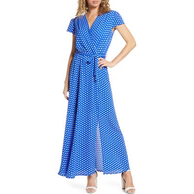 Fraiche By J Polka Dot Faux Wrap Maxi Dress, Blue