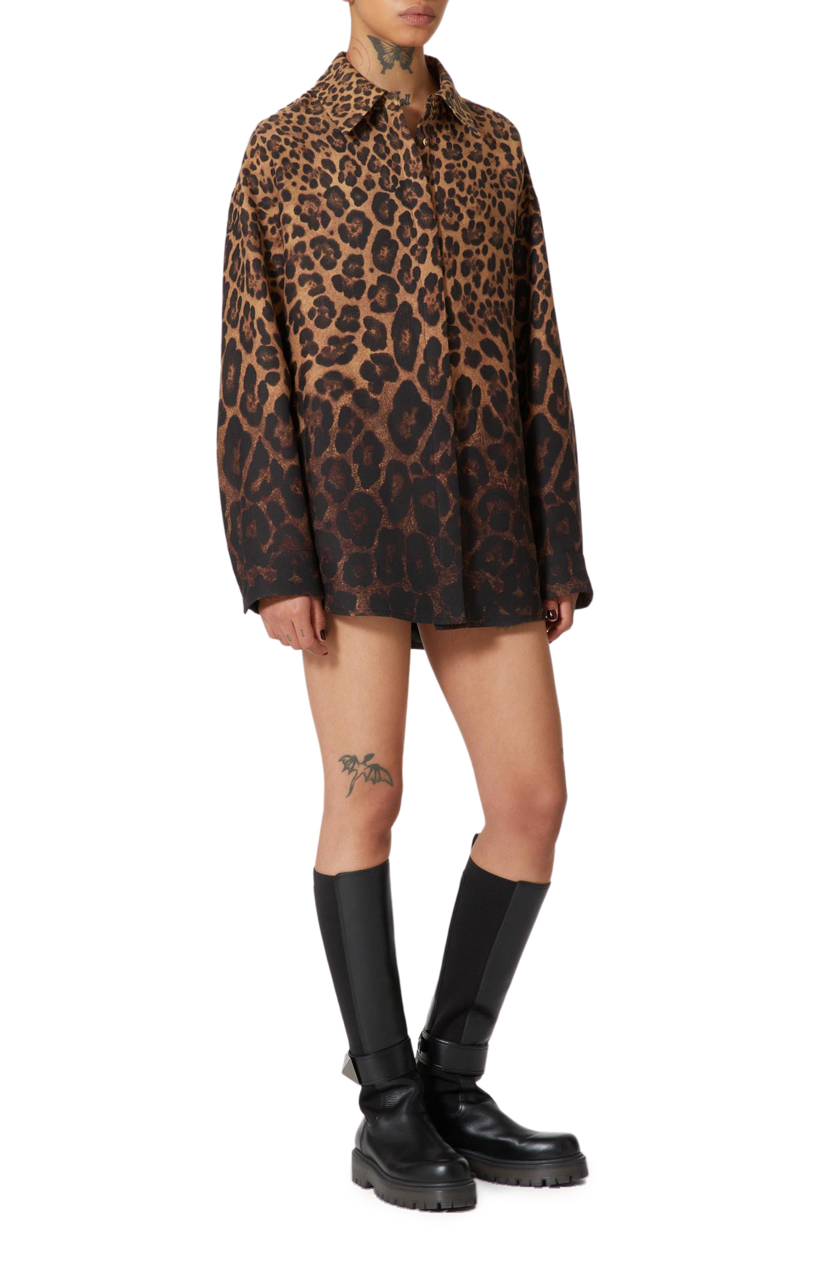 Valentino Leopard Print Ombré Wool & Silk Button-Up Shirt in 