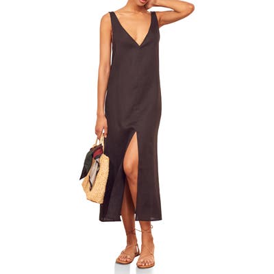 Reformation Monique V-Neck Linen Midi Dress, Black