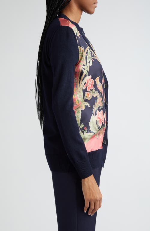 Shop Etro Floral Silk & Wool Mixed Media Cardigan In Navy Multi