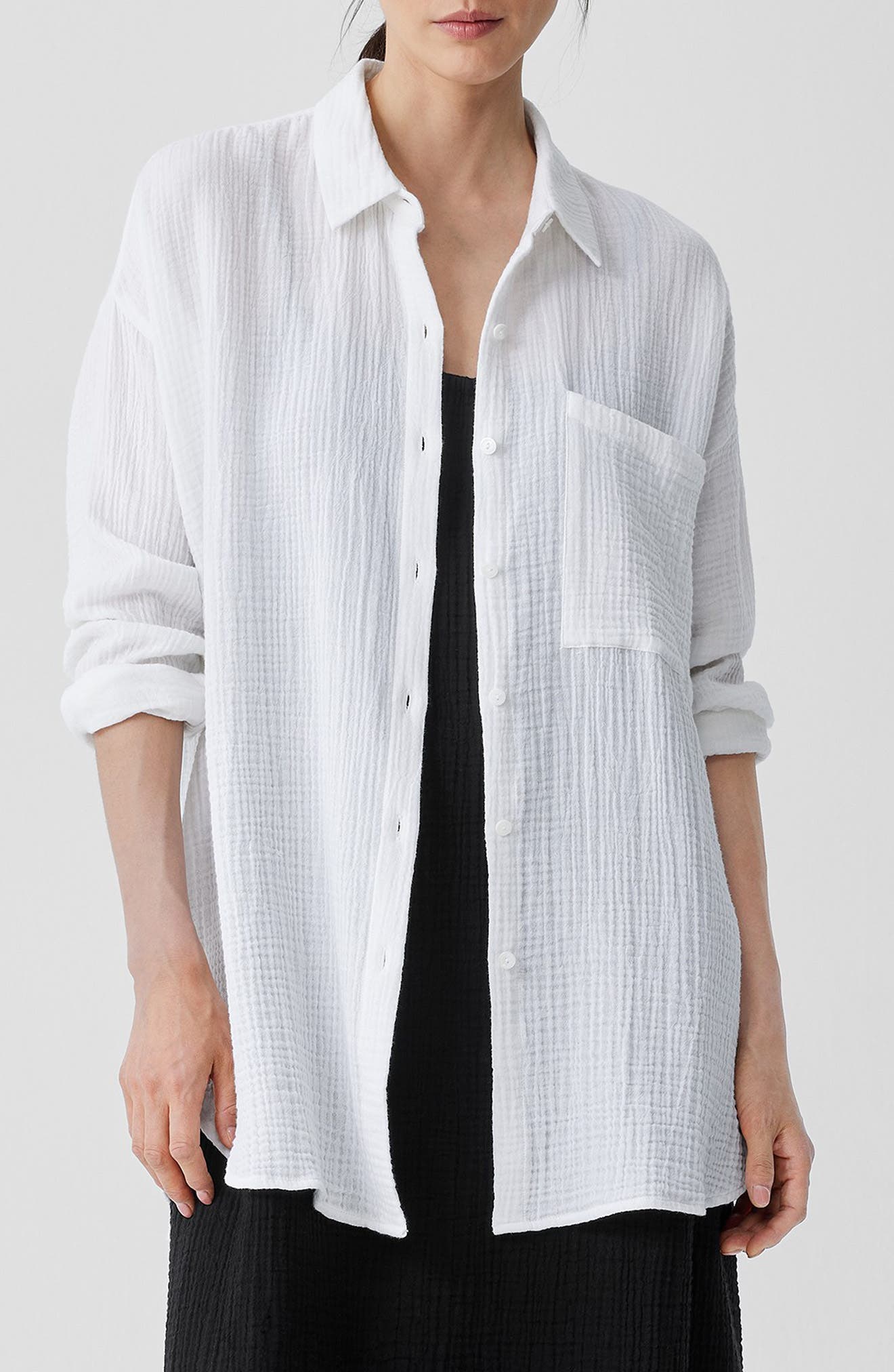 Eileen Fisher - Women's Organic Cotton Lofty Gauze Classic Collar Long Shirt - White - Size: Medium Regular
