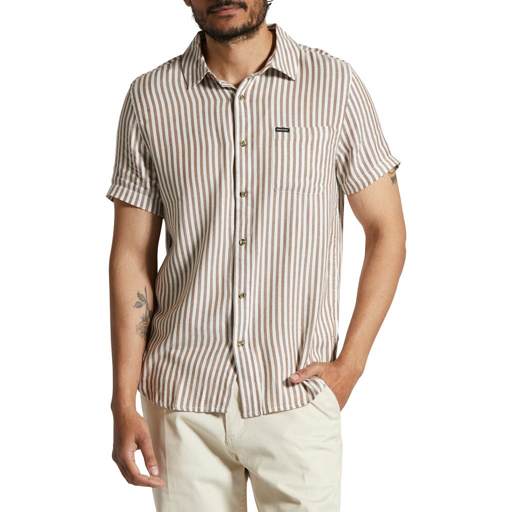 Brixton Charter Classic Fit Stripe Short Sleeve Button-up Shirt In Off White/bison