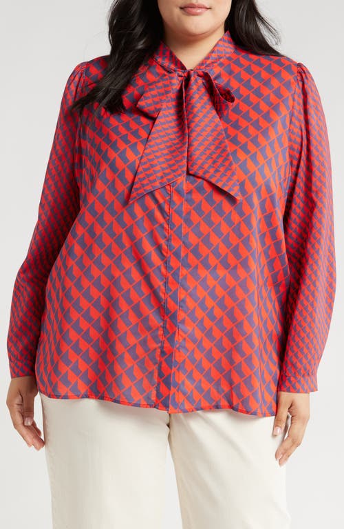 Shop Harshman Aveline Tie Neck Button-up Shirt In Red And Navy