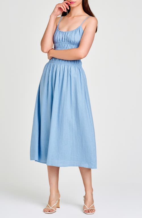 Shop Wayf Isabelle Smocked Linen Blend Midi Sundress In Dusty Blue