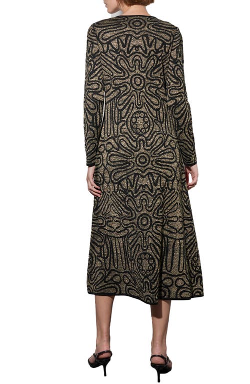 Shop Ming Wang Metallic Swirl Long Sleeve Maxi Dress In Black/gold