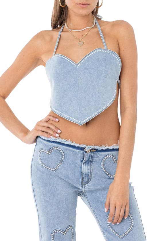 Edikted Embellished Open Back Denim Crop Top In Blue ModeSens