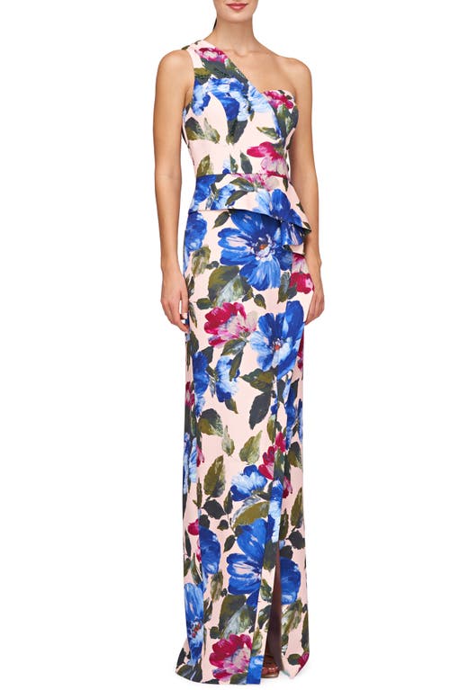 Shop Kay Unger Laurel Floral One-shoulder Gown In Spring Blue