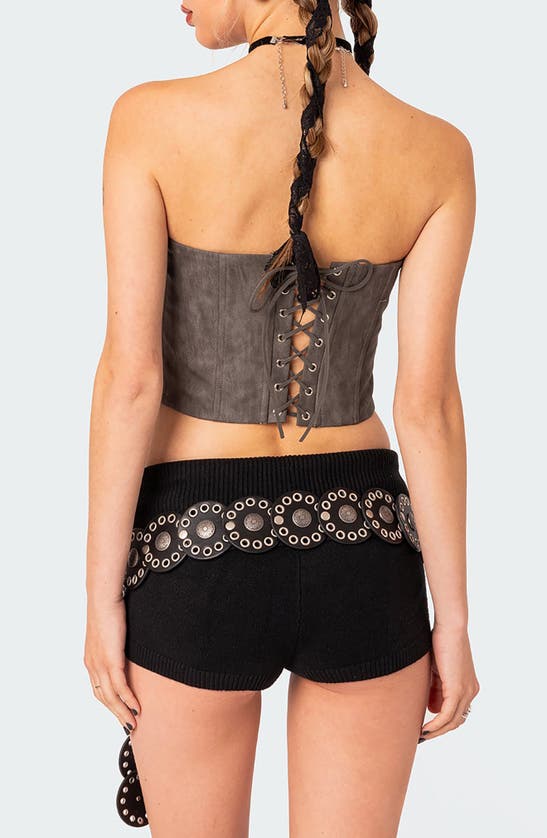 Shop Edikted Christa Strapless Faux Leather Corset Crop Top In Gray