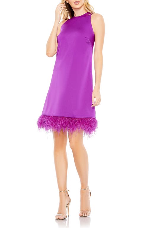 Crewneck Faux Feather Hem Cocktail Dress in Purple