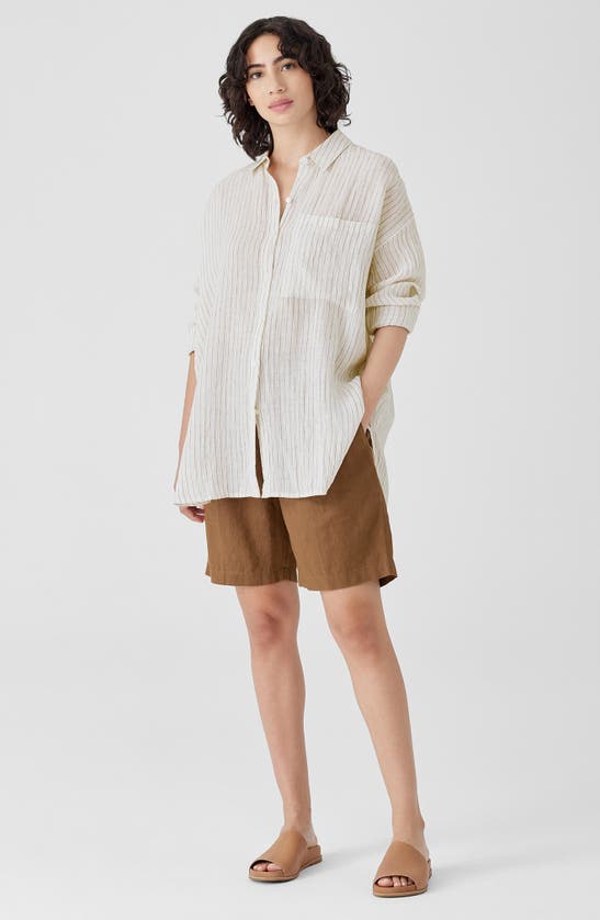 Shop Eileen Fisher Stripe Classic Collar Organic Linen Button-up Shirt In White/ Bronze