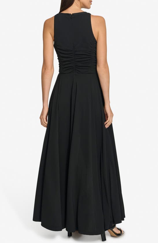 Shop Dkny Ruched Mesh Trim Sleeveless Maxi Dress In Black