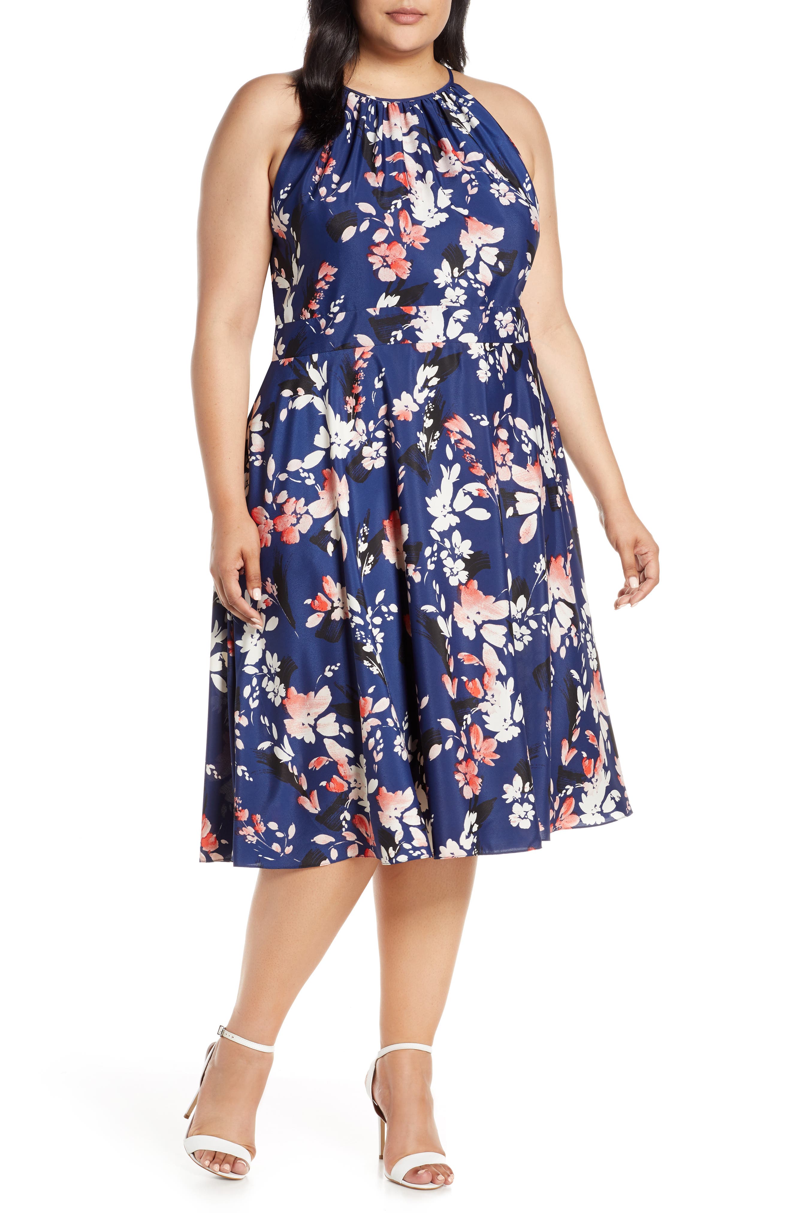 Plus Size Eliza J Floral Halter Crepe De Chine Midi Dress, Blue