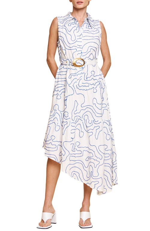 Colleen Embroidered Belted Midi Shirtdress in White Blue