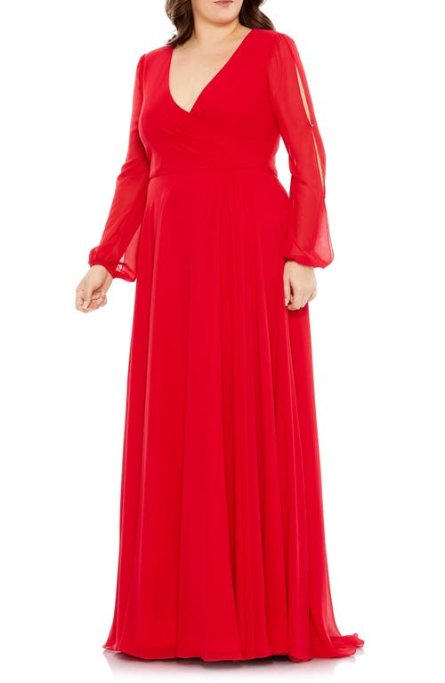 Split Long Sleeve Chiffon Gown in Red